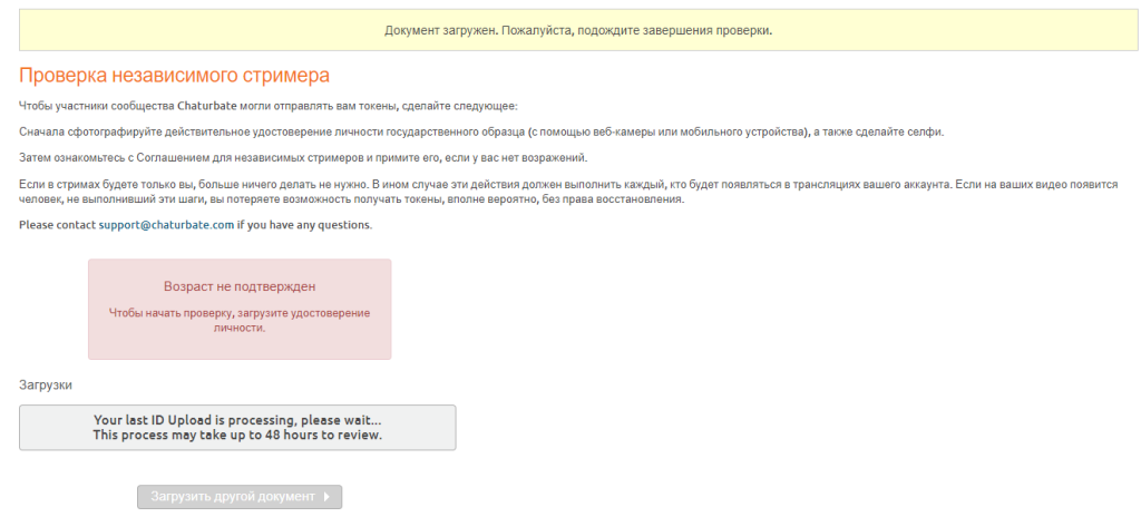 Registro de cuenta de modelo de webcam de Chaturbate - Verificación - Esperando revisión
